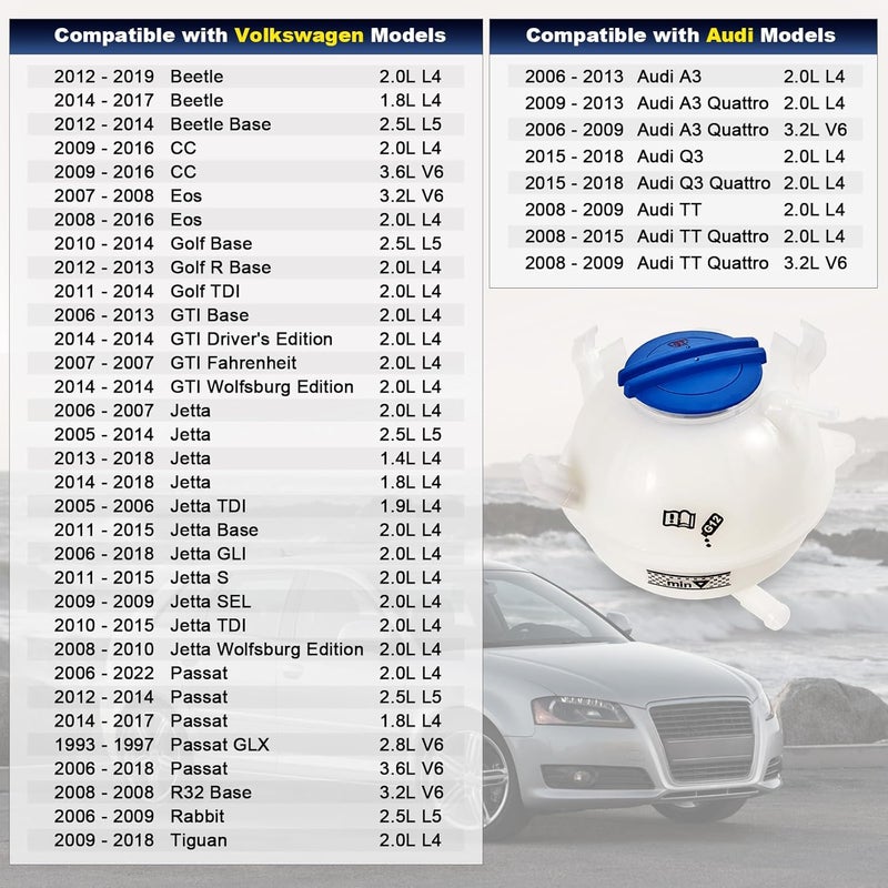 YEHERIT 603-253 Front Engine Coolant Radiator Reservoir Recovery Expansion Tank with Cap Compatible with 2006-2019 Audi A3 Q3 TT, 1993-2019 Volkswagen Beetle Eos Golf Passat Jetta Replace# 1K0121407A - Image 2